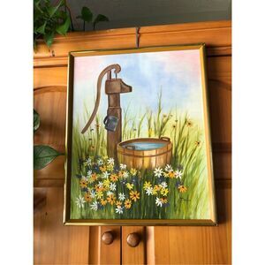 Vintage Theiss Folk Art Painting Water Pump Flowers 16x20 Framed